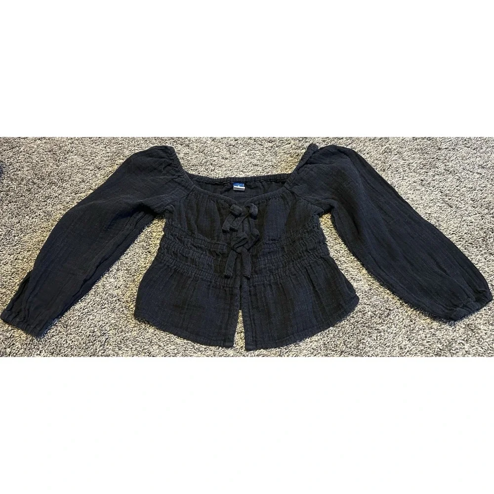OLD NAVY Long sleeve double weave bow top blouse girl's M (8) - black